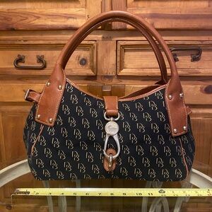 Dooney & Bourke Black Logo Canvas Shoulder Bag with Brown Leather Trim